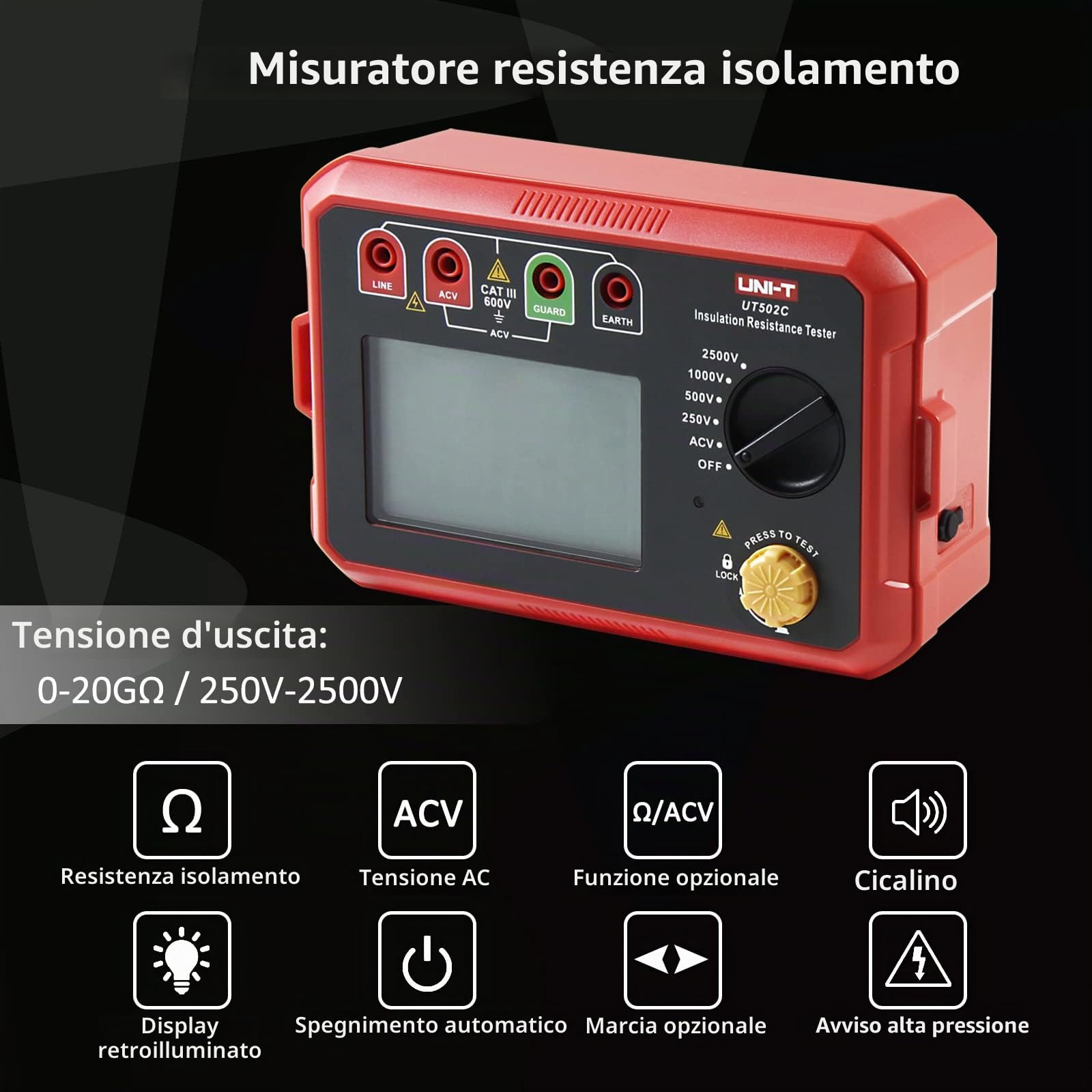 UNI-T UT502C Resistenza di Rsolamento del Display Digitale Intelligente 2500V 20.0GΩ, Gamma Automatica del Tester di Isolamento Dell'interruttore del Motore Megaohmmetro con Retroilluminazione