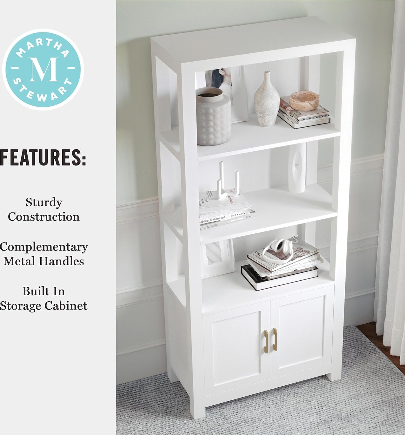 Martha Stewart Hutton Four Tier Shaker Bookcase with Storage Cabinet in White with Polished Brass Hardware