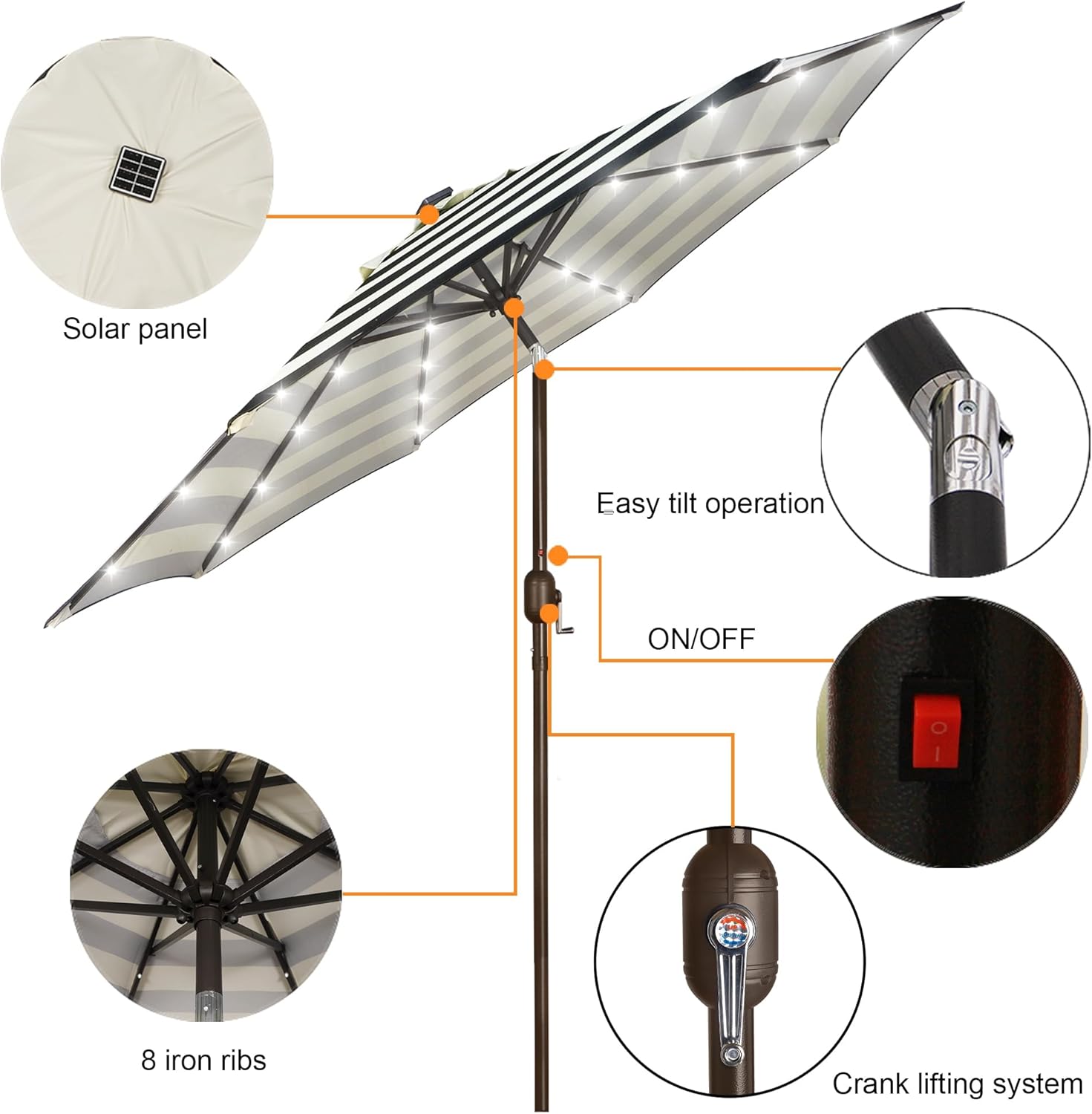 Blissun 9 ft Solar Umbrella, Patio Umbrella with 32 LED Lights, Table Market Umbrella, Outdoor Umbrella for Garden, Deck, Backyard, Black & Beige