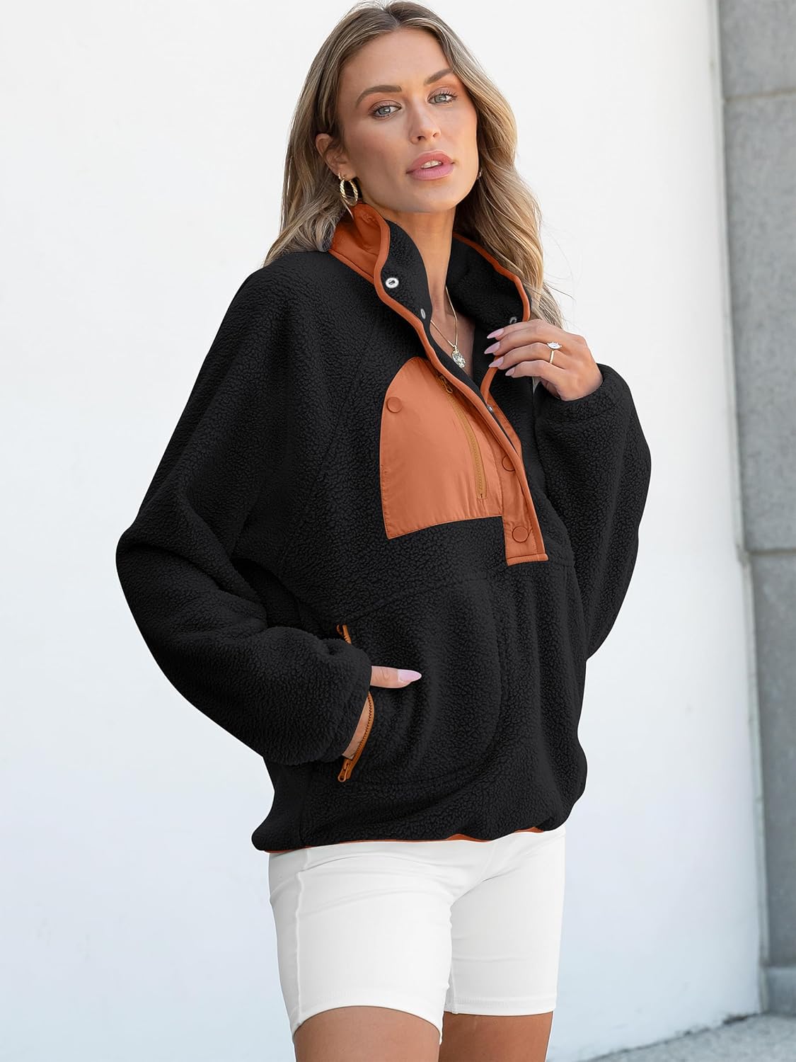 ANRABESS Women Fuzzy Fleece Pullover Sherpa Sweatshirt Long Sleeve Button Down Warm Soft Color Block Jackets with Pockets - Image 4