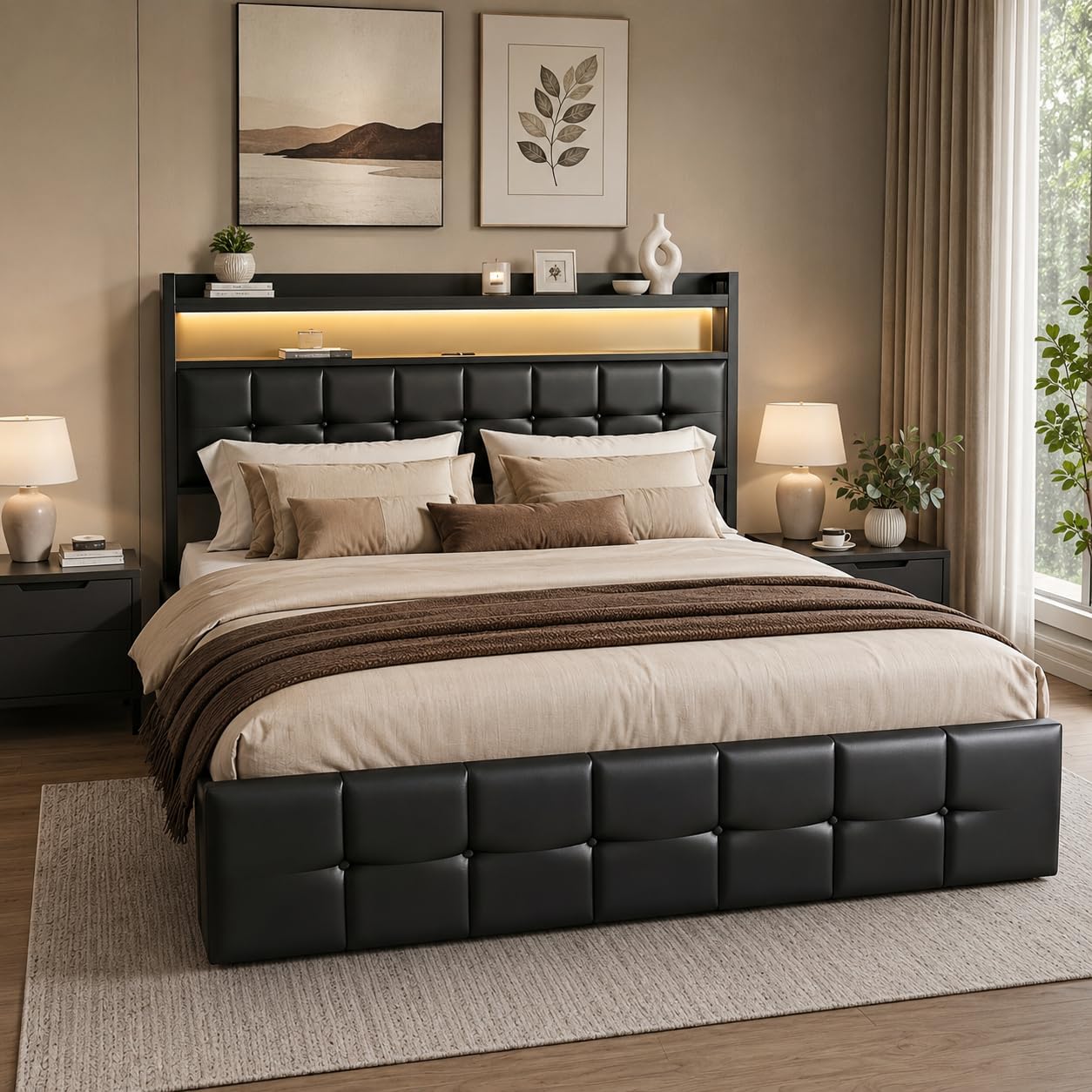 Podwójne łóżko tapicerowane 140 x 190 cm, podwójne łóżko z schowkiem, funkcjonalne łóżko z zagłówkiem, kufer ze światłami LED i portem USB, zagłówek z półką do przechowywania, czarny PU