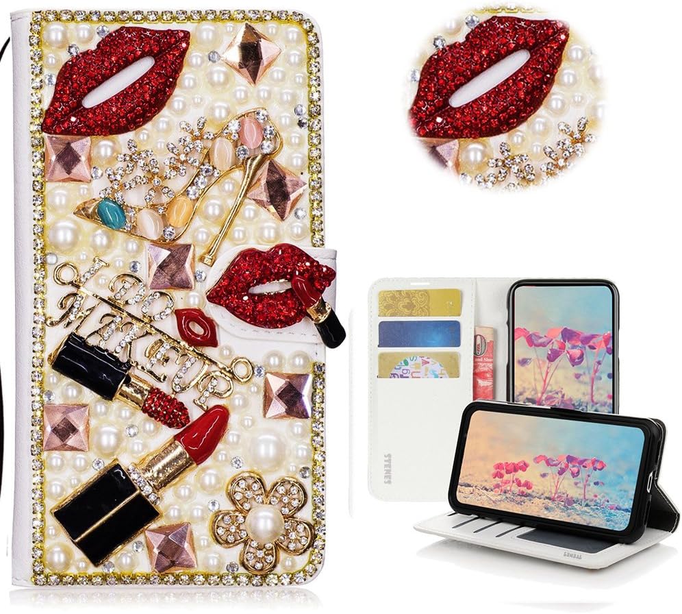 STENES Bling Wallet Case Compatible with Galaxy J8 - Stylish - 3D Handmade Crystal Girls Bags Lipstick High Heel Magnetic Wallet Leather Cover Compatible with Samsung Galaxy J8 6.0 Inch (2018) - Red