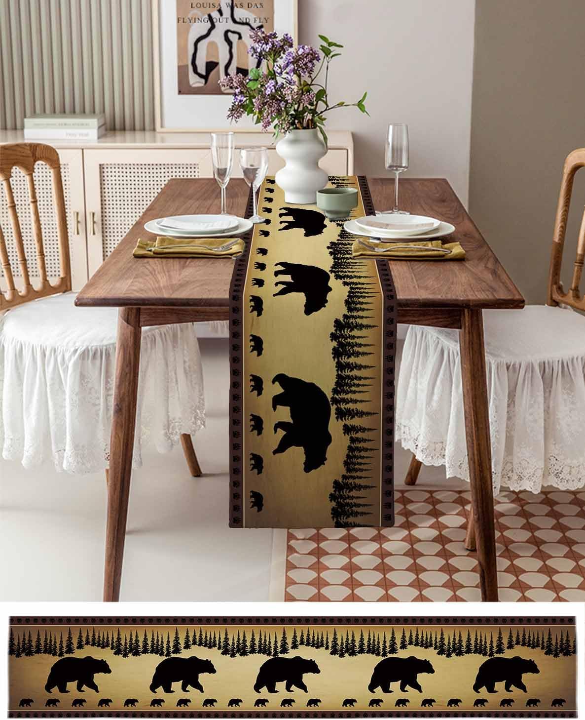 Polar Bear Table Runner, Vintage Animals Pine Trees Country Cotton Linen Table Runners for Dinner, Party, Wedding, Catering Events, Holiday, Farmhouse, Dresser Scarves Decor 13x90 inch