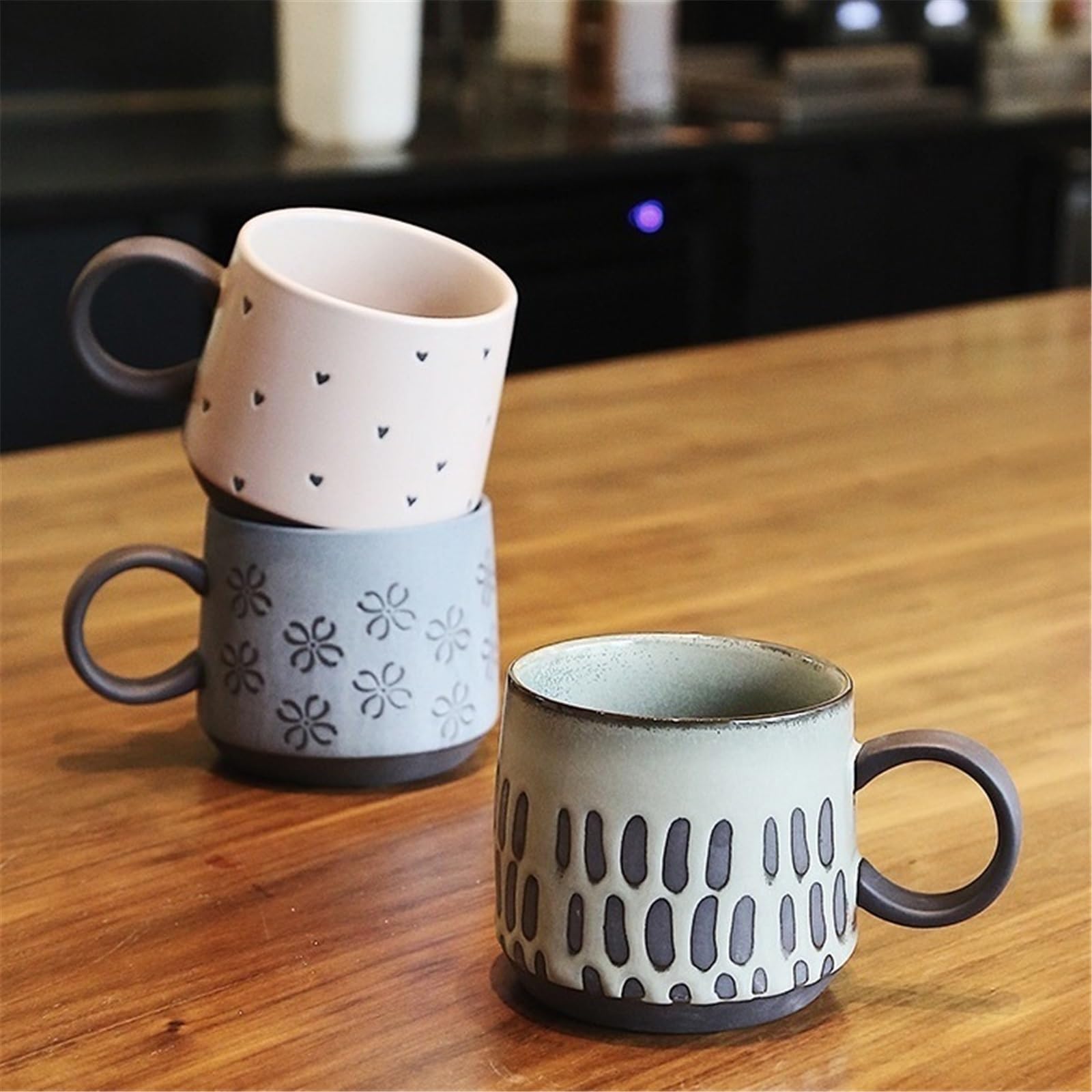 Tee Kaffeetasse Mugs Vintage Steinzeug Kaffeetasse gewellt gestreift Fisch Frühstück Haferflocken Becher 450ml