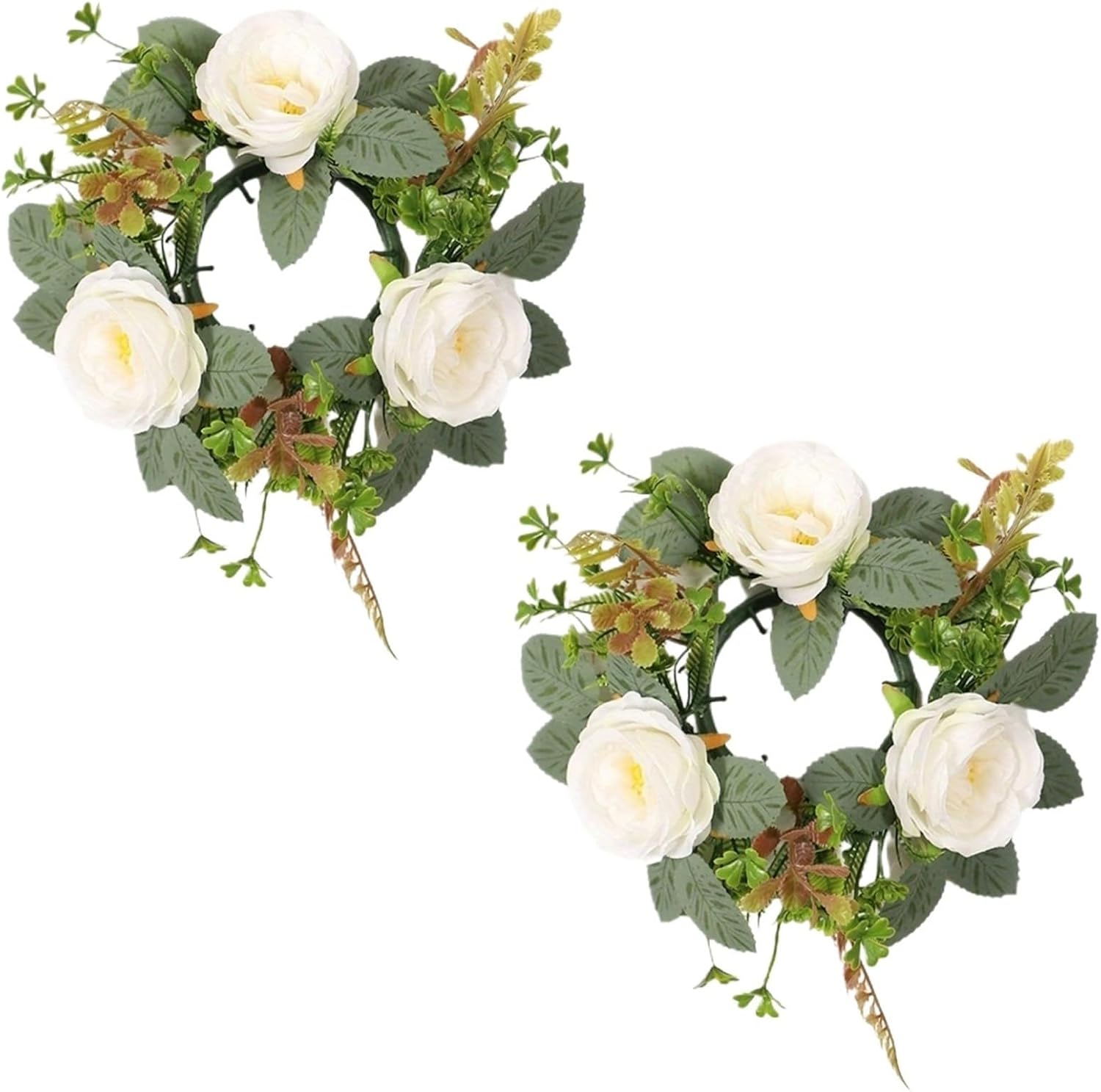 Candle Wreath 2 Pcs Artificial Rose Candle Rings Valentine's Day Artificial Flowers Candle Holder Fake Greenery Leaves Mini Wreath for Home Decorations(White)