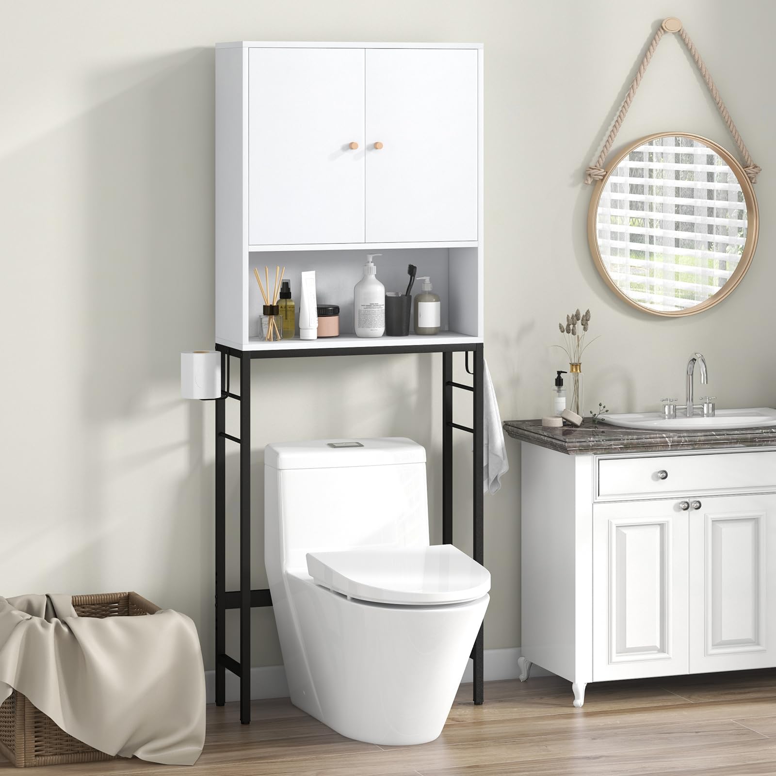 GOPLUS Armario sobre la Mesa del Inodoro, Armario de Baño con Doble Puerta, Compartimento Abierto, Estante Ajustable, Barra Inferior para Lavadero, 63x23x165,5cm (Blanco)