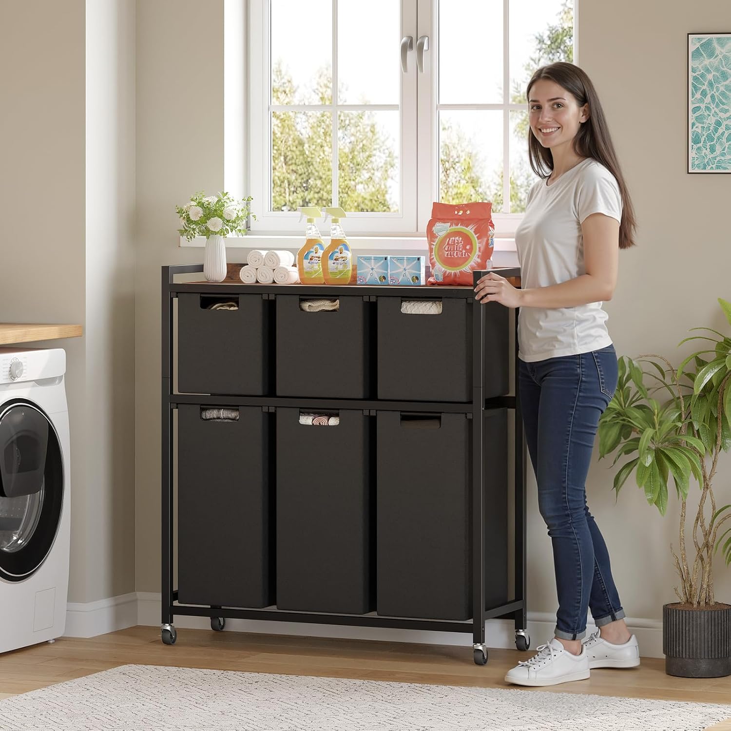 HOOBRO Laundry Sorter with 6 Section, 48.3 Gal. (183 L) Tall Laundry Hamper with Wheels, Rolling Laundry Basket with Shelf, 6 Removable Liners, Top Storage Shelf, Rustic Brown and Black BF16XY01