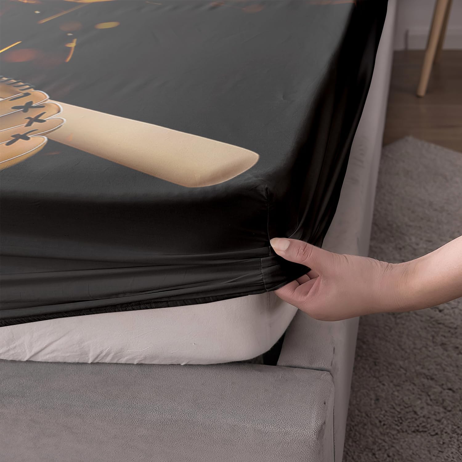 HOSIMA Baseball Fitted Sheet & Pillowcases - Queen Size, Sports Theme Bedding Set with Burning Fire Print