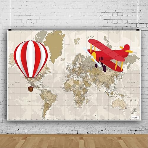 Miniatura 2 de Laeacco Telón de fondo vintage de 10 x 8 pies, diseño de mapa del mundo de aventura, fotografía y avión, globo aerostático, globo aerostático,