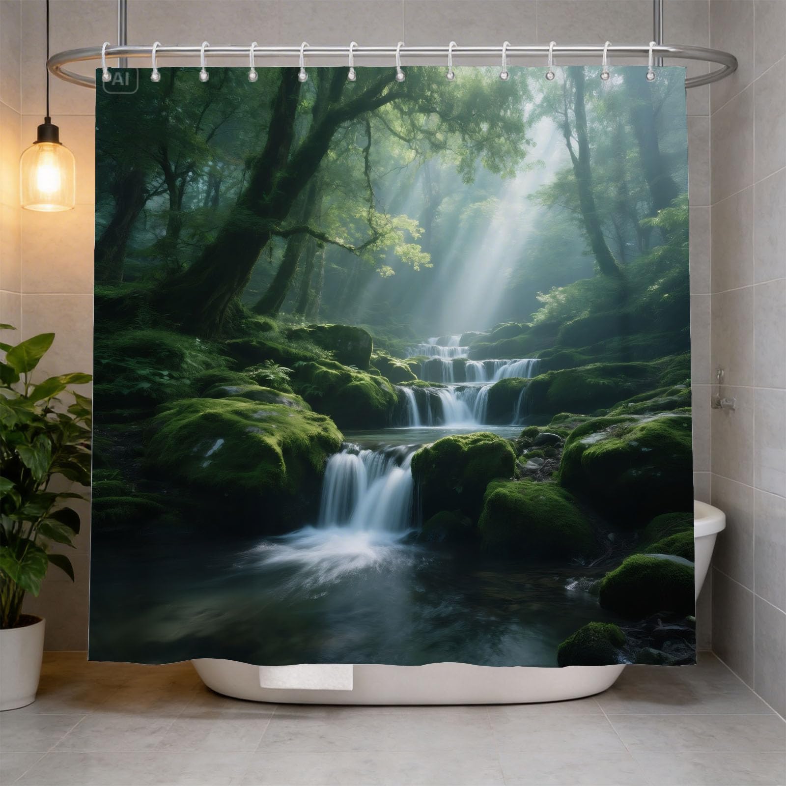 Hongduo 3D Forest Stream Shower Curtain for Stalls Bathtubs Green Plants Bathroom Decor Shower Curtain Set Polyester Fabric Waterproof 200x200cm/79X79 Inch with Hooks