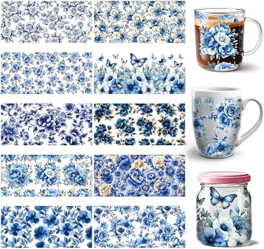 10 Sheets Flower UV DTF Cup Wraps for 16 OZ Glass, Blue Flower Rub on Transfers Waterproof PVC UV DTF Transfer Stickers for DIY Laptop Phone Case Decor