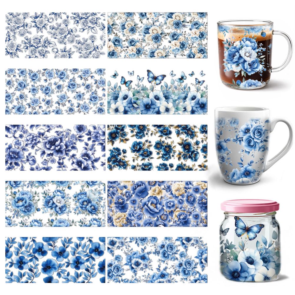 Papier de transfert UV DTF anti-bulle autocollants imperméables fleur bleue pour verre et PVC