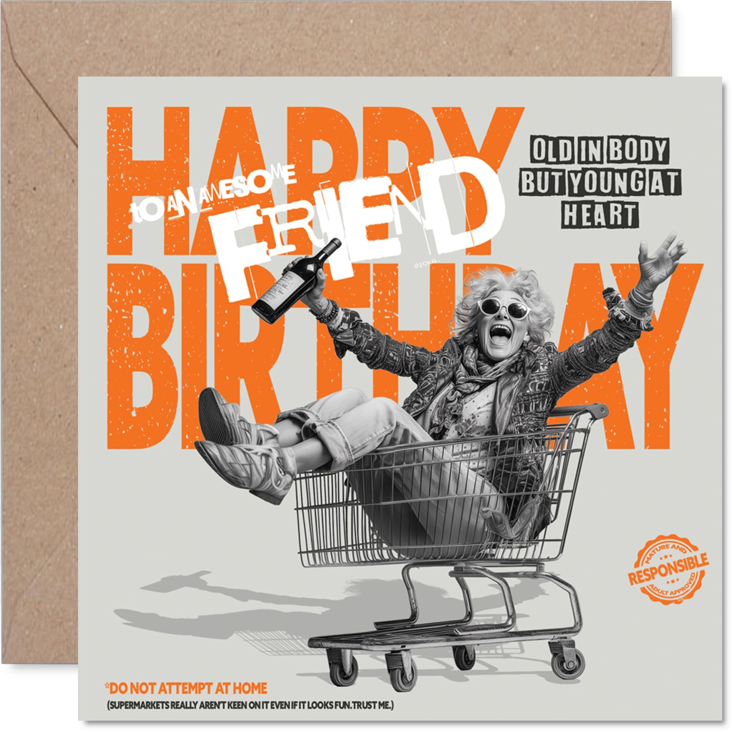 Playful Birthday Card for Friend - Young at Heart Vibes - Elderly Lady Whizzing in a Shopping Trolley Cartoon - 145mm Square, Envelope Included
