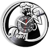 Vinyl Clock Non Ticking Wall Clock Pizza Maker Head Chef Pizzeria Wall Cook Italian Cook Silent Move Kitchen Restaurant Decor Vinyl Record Pizzaman Chef Gift 12CM