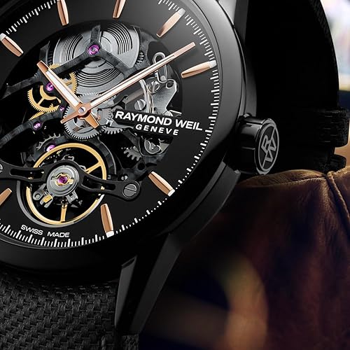 Vista 3 de RAYMOND WEIL Freelancer Reloj automático para hombre, Calibre RW1212 Skeleton, esfera negra abierta con índices, acero inoxidable con revestimiento