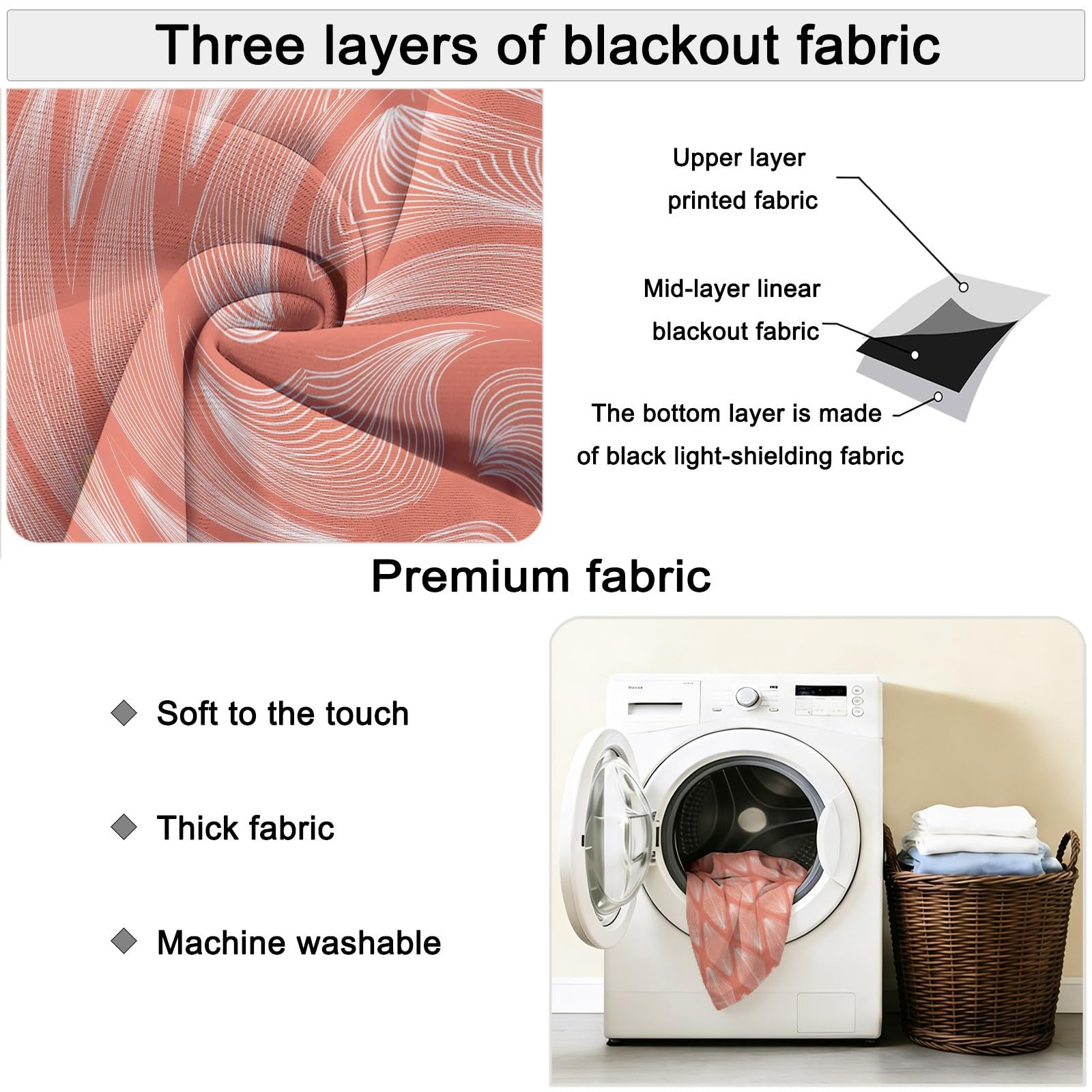 140L X 245H cm (2 Panneaux) Rideau Occultant Géométrie Lignes Losange Rideaux Thermique Isolant Anti UV, Corail Opaque Draperies Decoration pour Maison Salon Chambre Fenetre avec Œillets