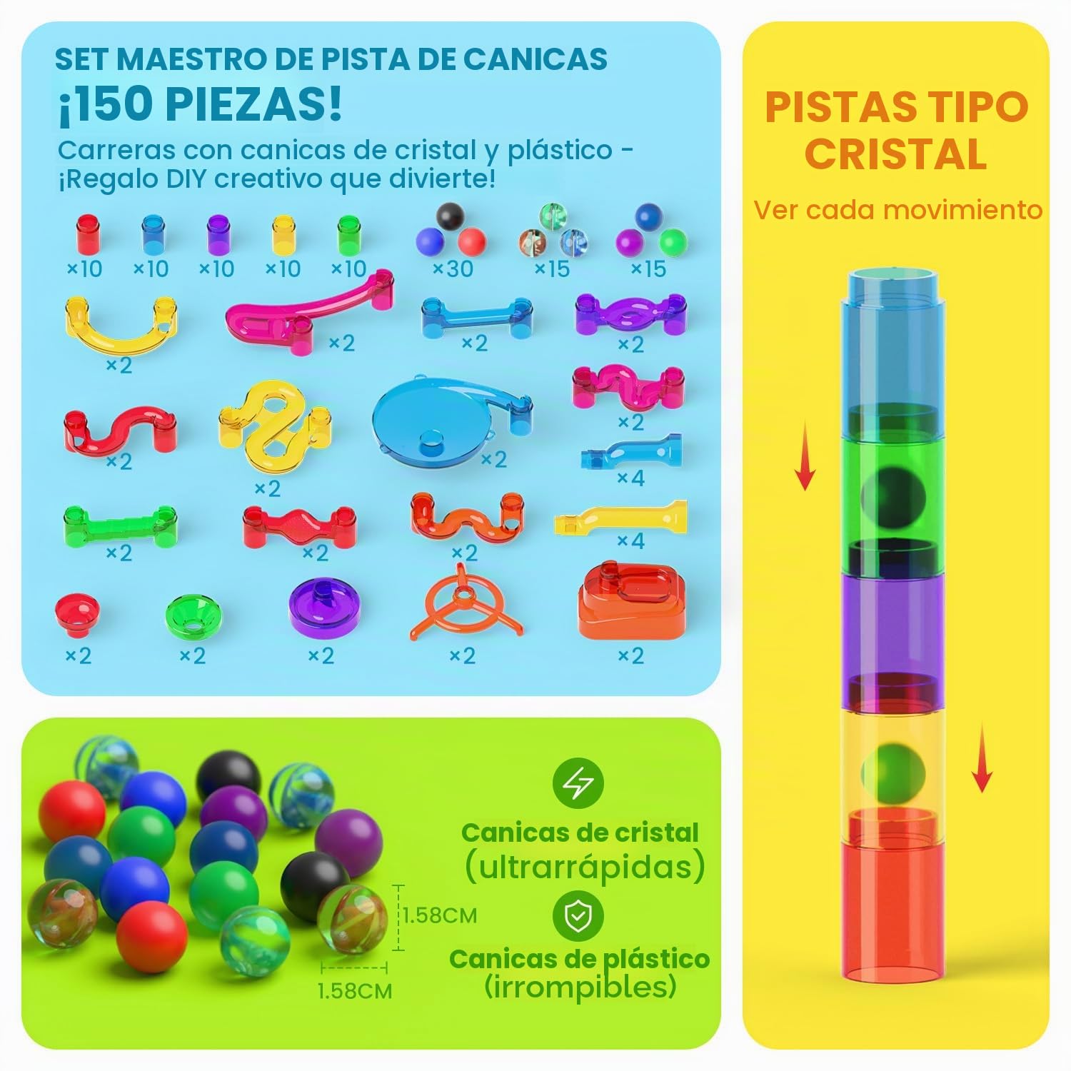 Circuito Canicas 150 Pcs Multicolor Transparente Marble Rush Juego Educativo Stem Construcciones para Niño Juguetes Niña Niño 3-12 Años Regalo Navidad Cumpleaños