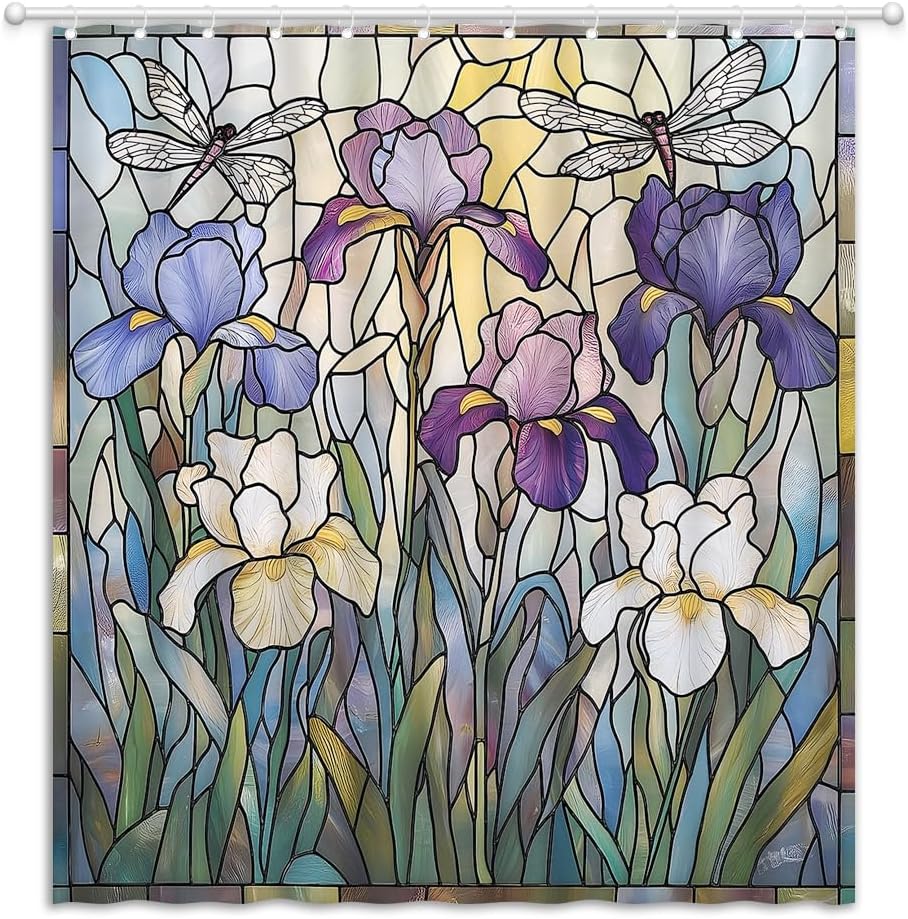 Stained Glass Shower Curtain Floral Dragonfly Abstract Window Flower Modern Home Fabric Bathroom Decor Curtains with Hooks, 70" Wx84 H