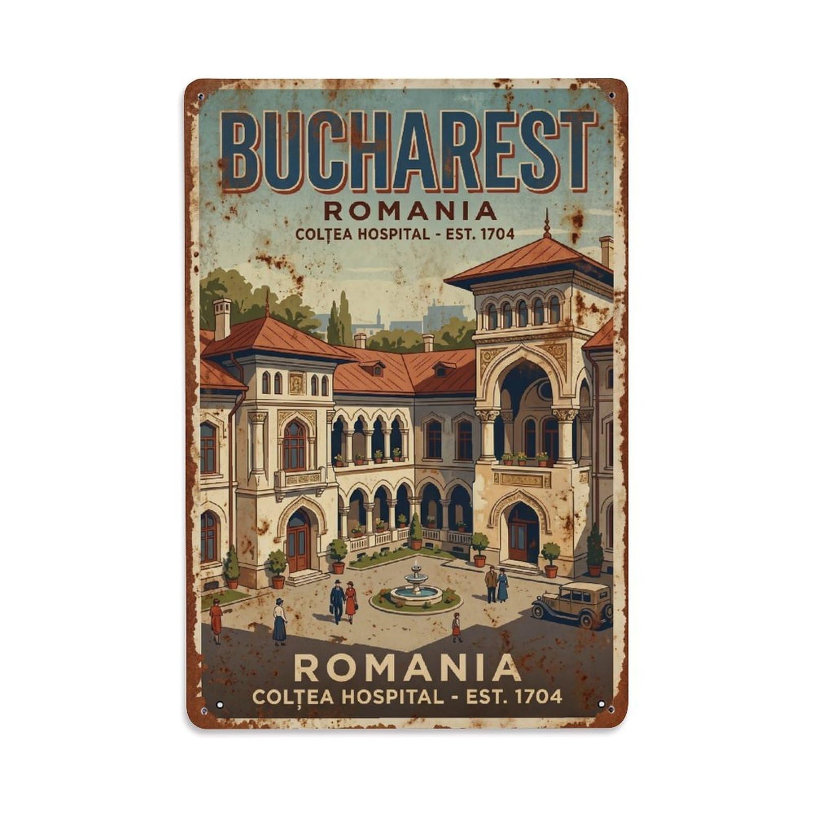 Vintage Travel Bucharest Colțea Hospital Historic Romania Metal Tin Sign Plaque Wall Decor for Cafe, Club Bar, Office, Home Garden Metal Poster 8x12Inch