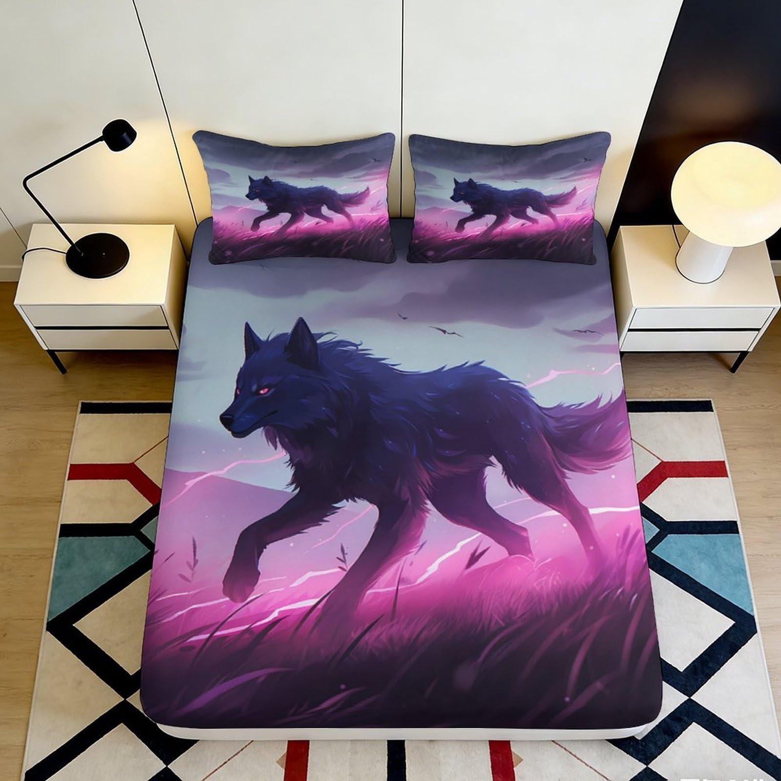 3D Printed Wolf Shadow Fitted Sheet Microfiber Purple Mist Bed Cover Non-slip Washable for Bedroom Living Room 90x200x25cm