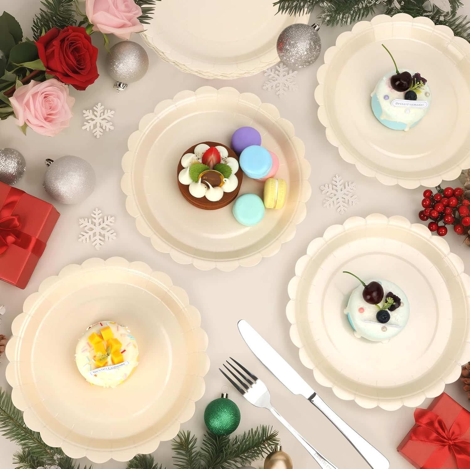 52 Pcs Beige Paper Plates 7 Inch Scalloped Dessert Plates - Disposable Ivorye Cake Plate - Baby Shower Birthday Party Wedding Bridal Party Supplies - Image 6