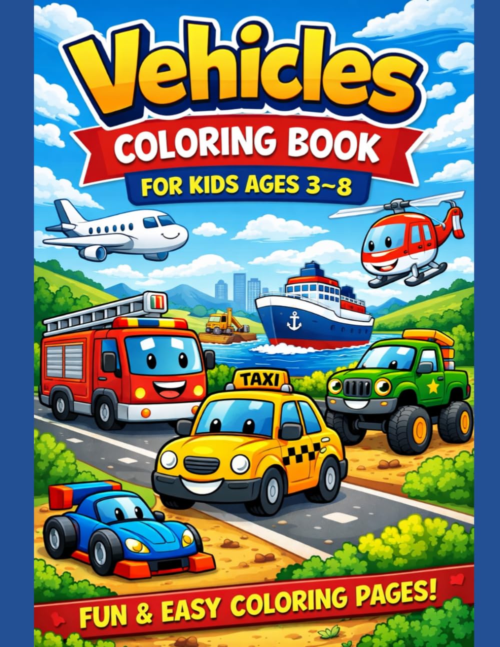 Vehicles Coloring Book for Kids Ages 3–8: Fun and Easy Coloring Pages