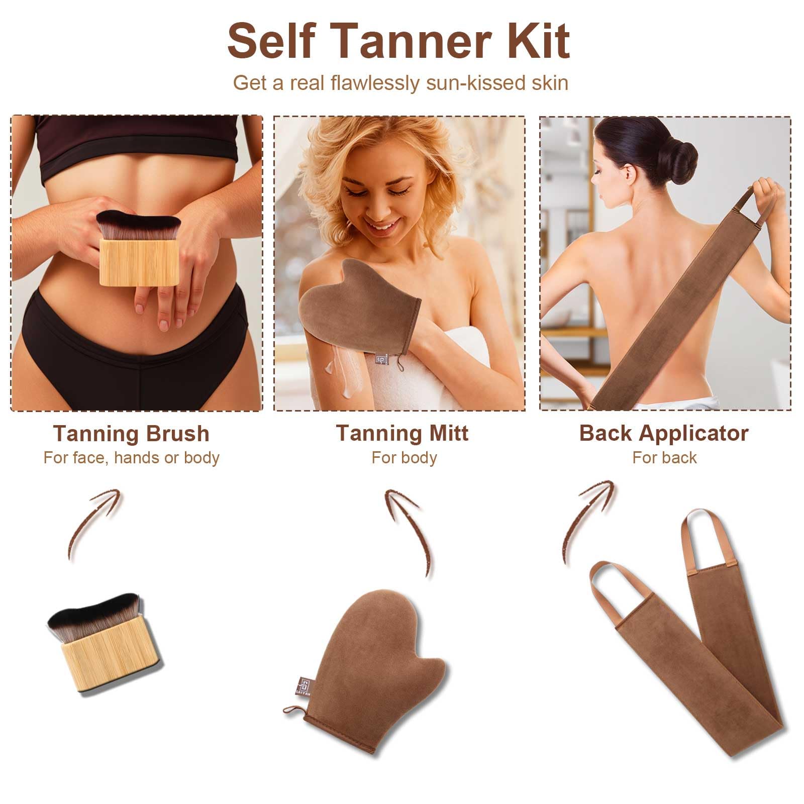 Selbstbräuner-Handschuh, Applikator-Set, 3 Stück, Selbstbräunungsbürste für Selbstbräuner, Pinsel, Rückenbräuner, Applikator, Bräunungshandschuh für Selbstbräuner, Kabuki, Körperbürste, Selbstbräuner,