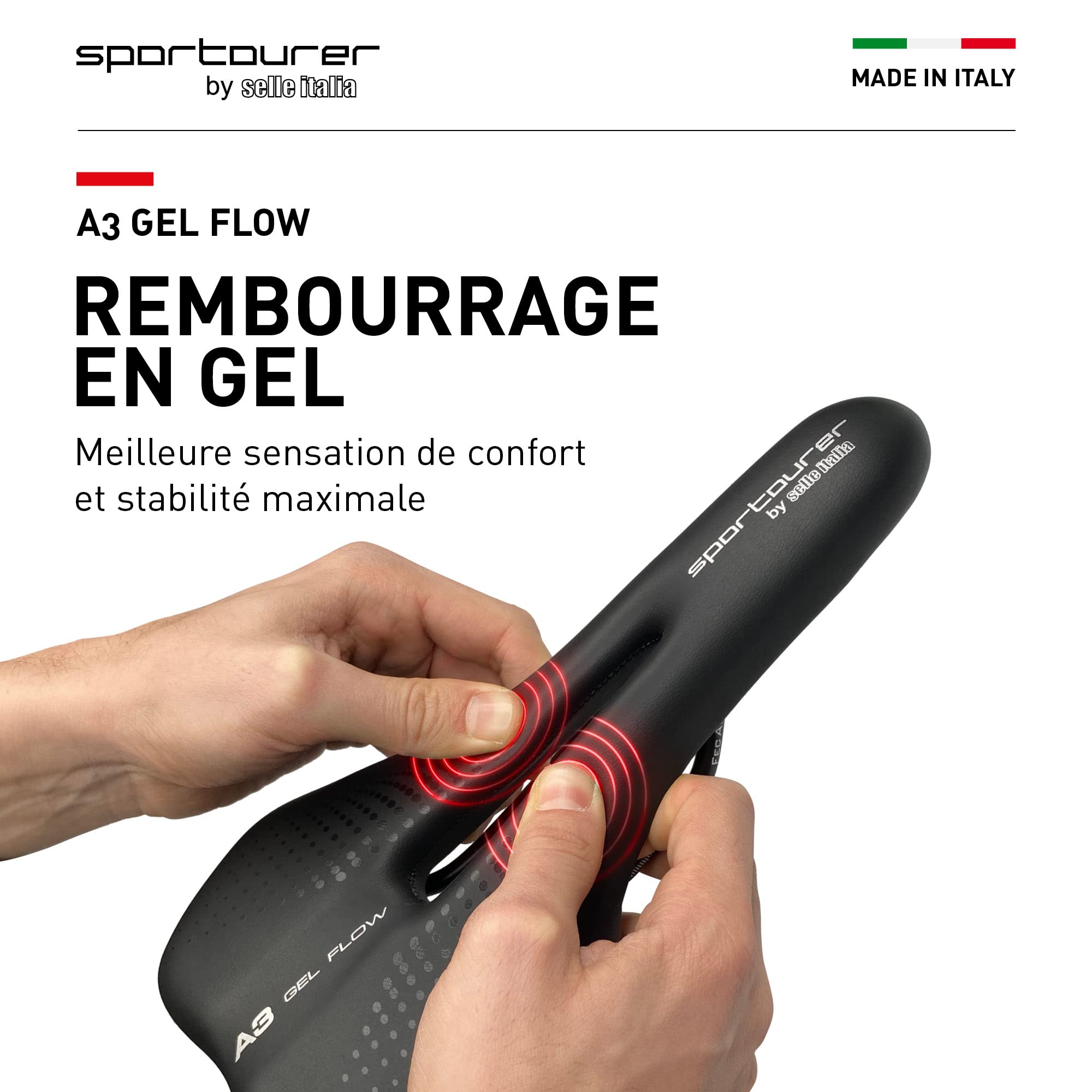 Sportourer by Selle Italia - A3 Gel Flow, Selle de Vélo Souple avec Gel, Hydrofuge et Adaptée à tous les Types de Vélos - Noir