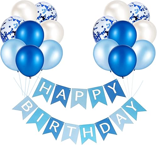 Cartel de feliz cumpleaños, banderines, globos de fiesta azul bebé, confeti, globos de látex, pancartas de fiesta para niños y niñas, decoraciones