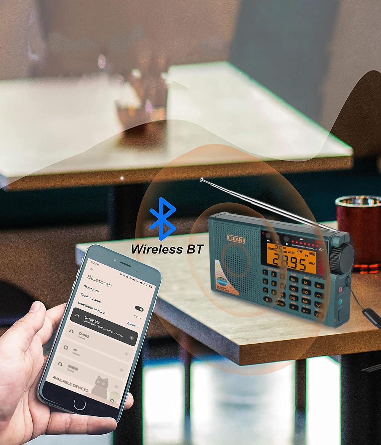 Radio connected via Bluetooth to a smartphone