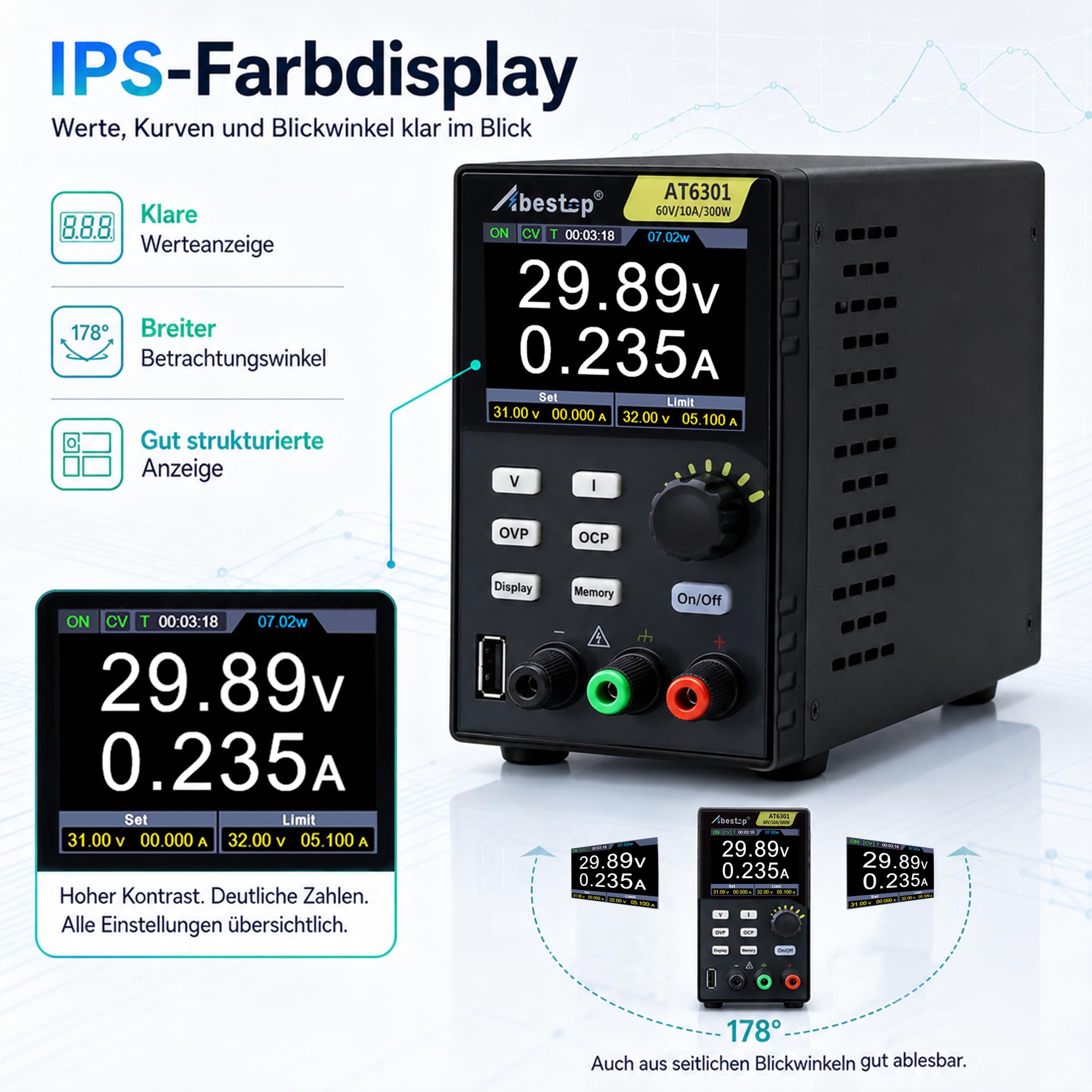 60 V/10 A Labornetzteil, labornetzteil 60V 300 W 2,8" 4-stelliges LCD labornetzgerät Mehrfachschutz Hohe Auflösung mit USB-Ladefunktion (60 V/10 A/300 W/AT6301)