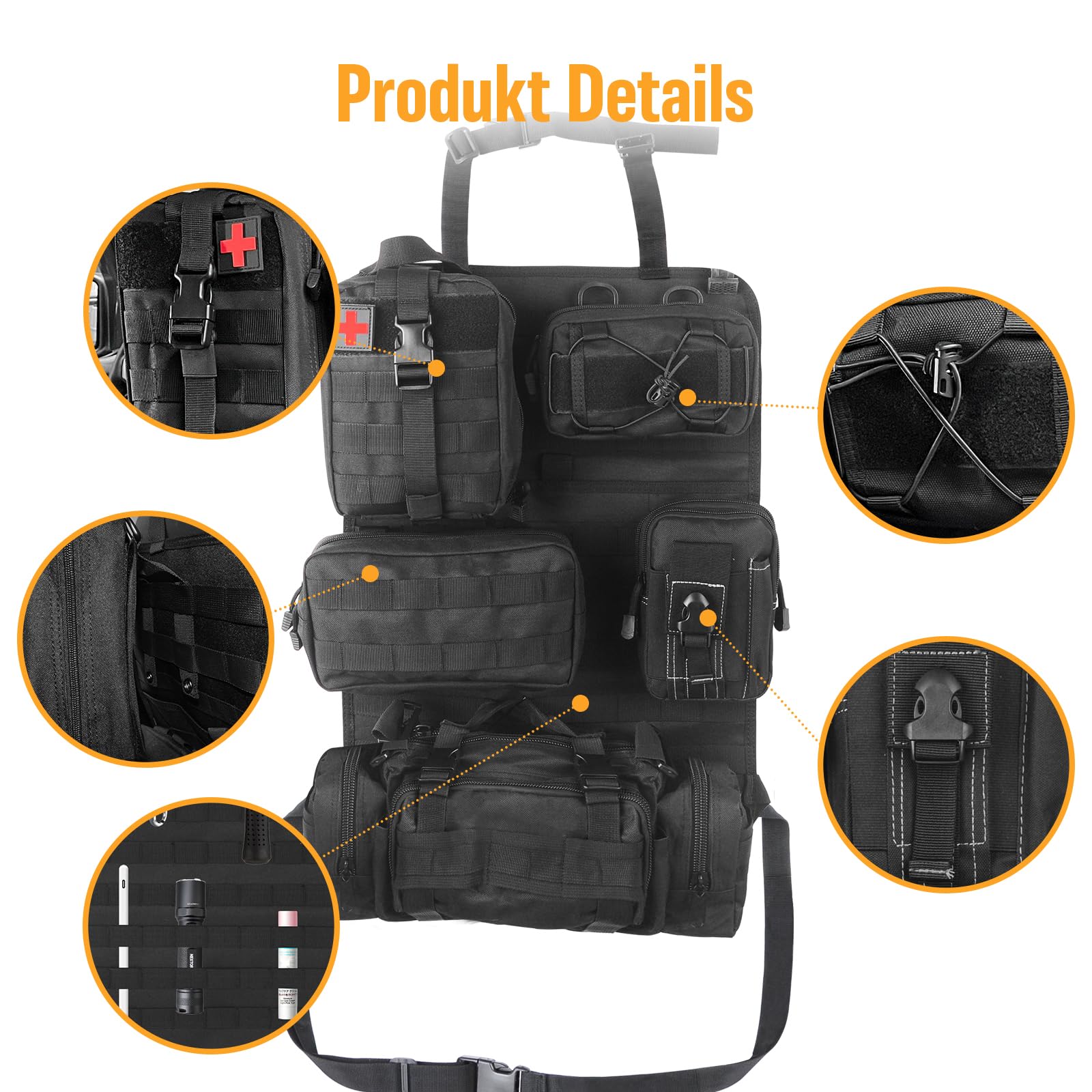 Universeller Molle Nylon Taktischer Autositz Organizer, Vordersitz Rückenlehnen-Aufbewahrungstasche, Rückenlehnenschutz mit 5 Taschen für alle Fahrzeuge