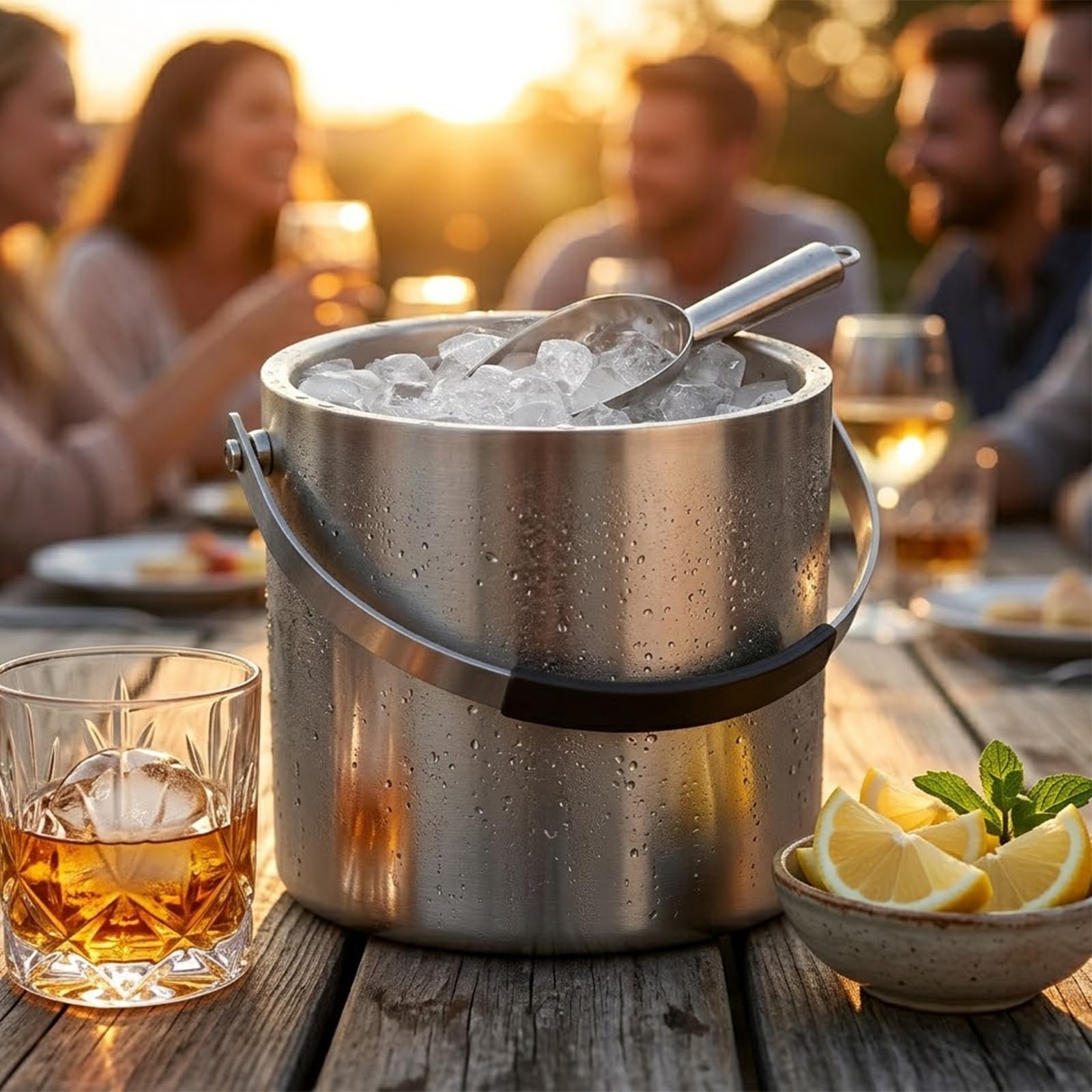3,2 L Eiswürfelbehälter mit Deckel und Zange，Doppelwandig Isoliert Edelstahl Eiswürfelbehälter für Wein ，Premium Eiseimer für Eiswürfel, Eiskübel für die Eiswürfel Aufbewahrung