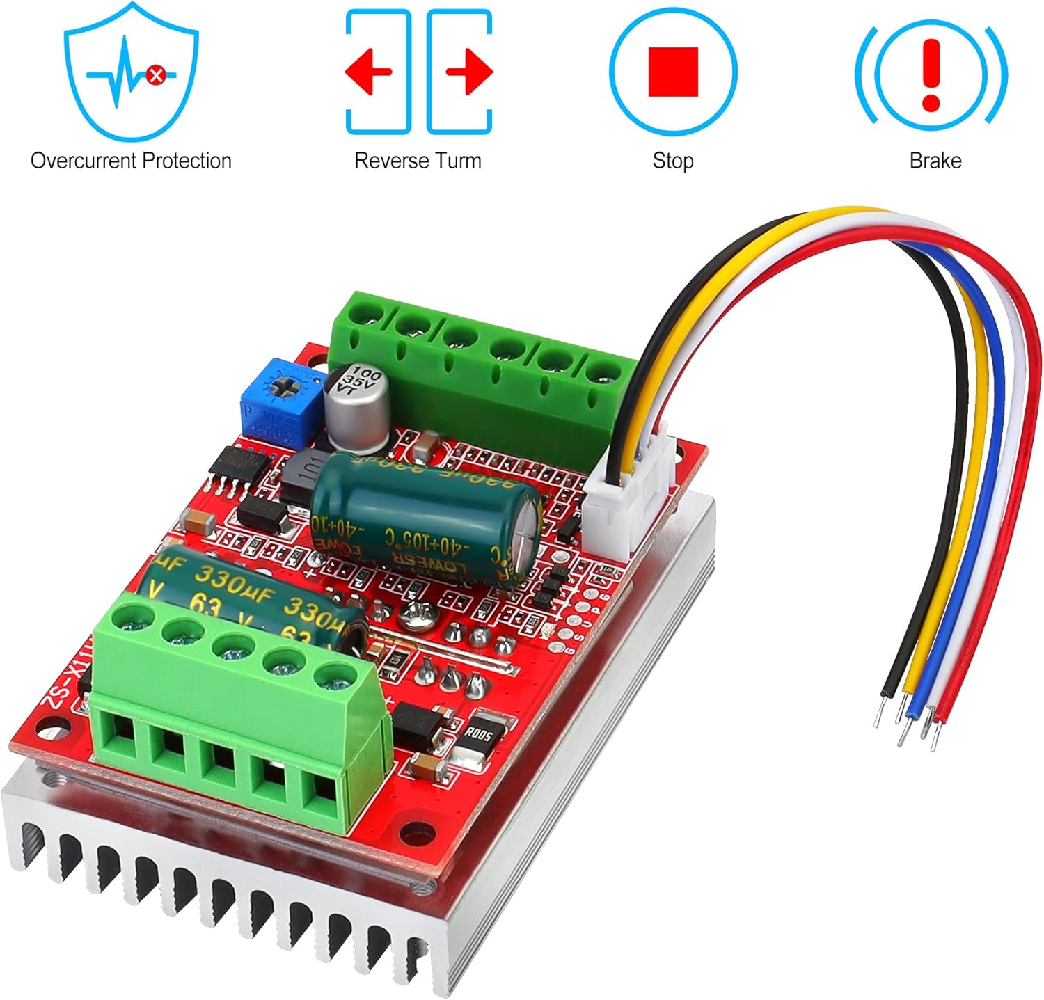 Icons representing overcurrent protection, reverse turn, stop, and brake functions