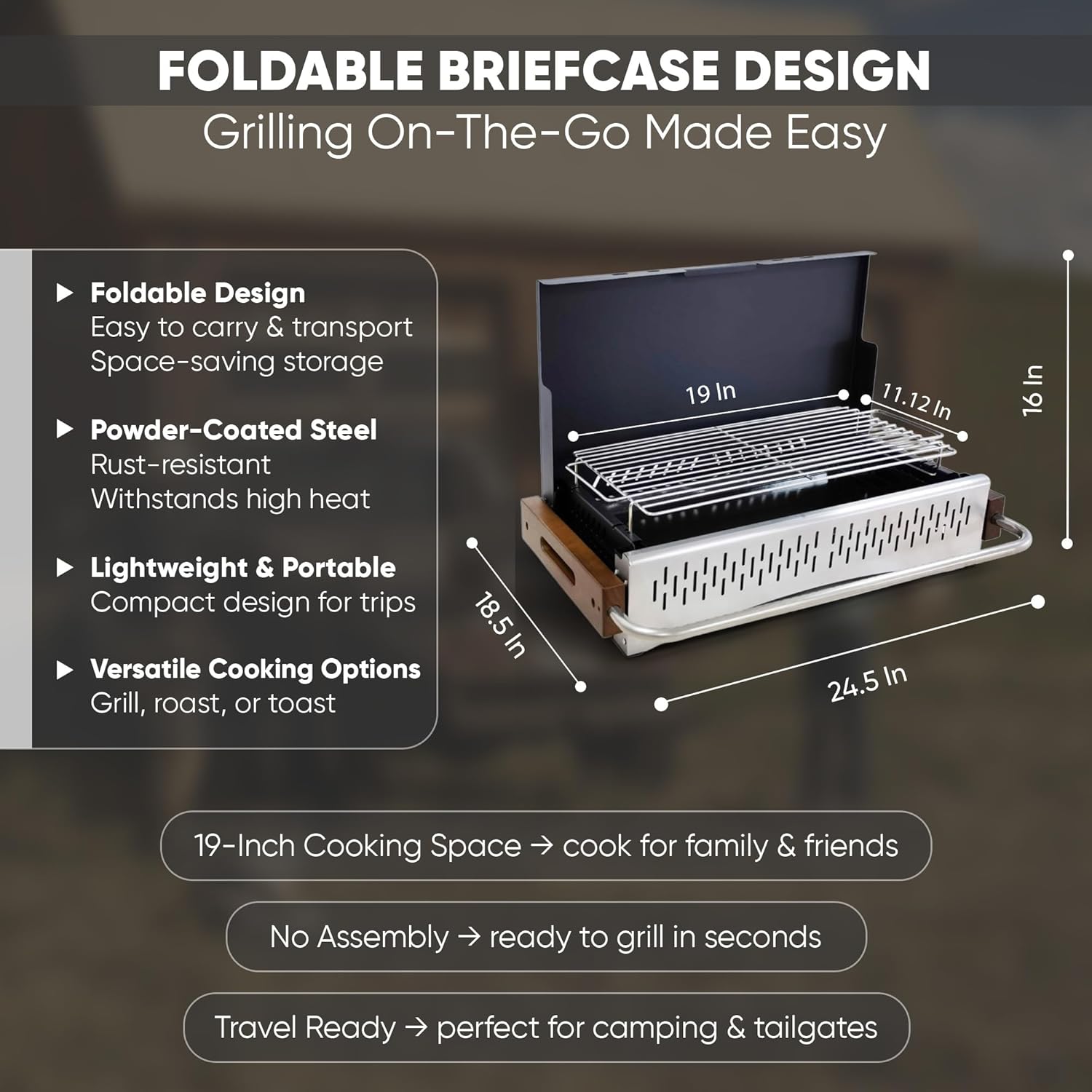 GasOne XL Portable Charcoal Grill – 24.5 x 18.5-inch Foldable Barbecue Grill Briefcase with Lid – Lightweight and Compact Charcoal Smoker for Camping, Garden, Beach, Backyard – No Assembly