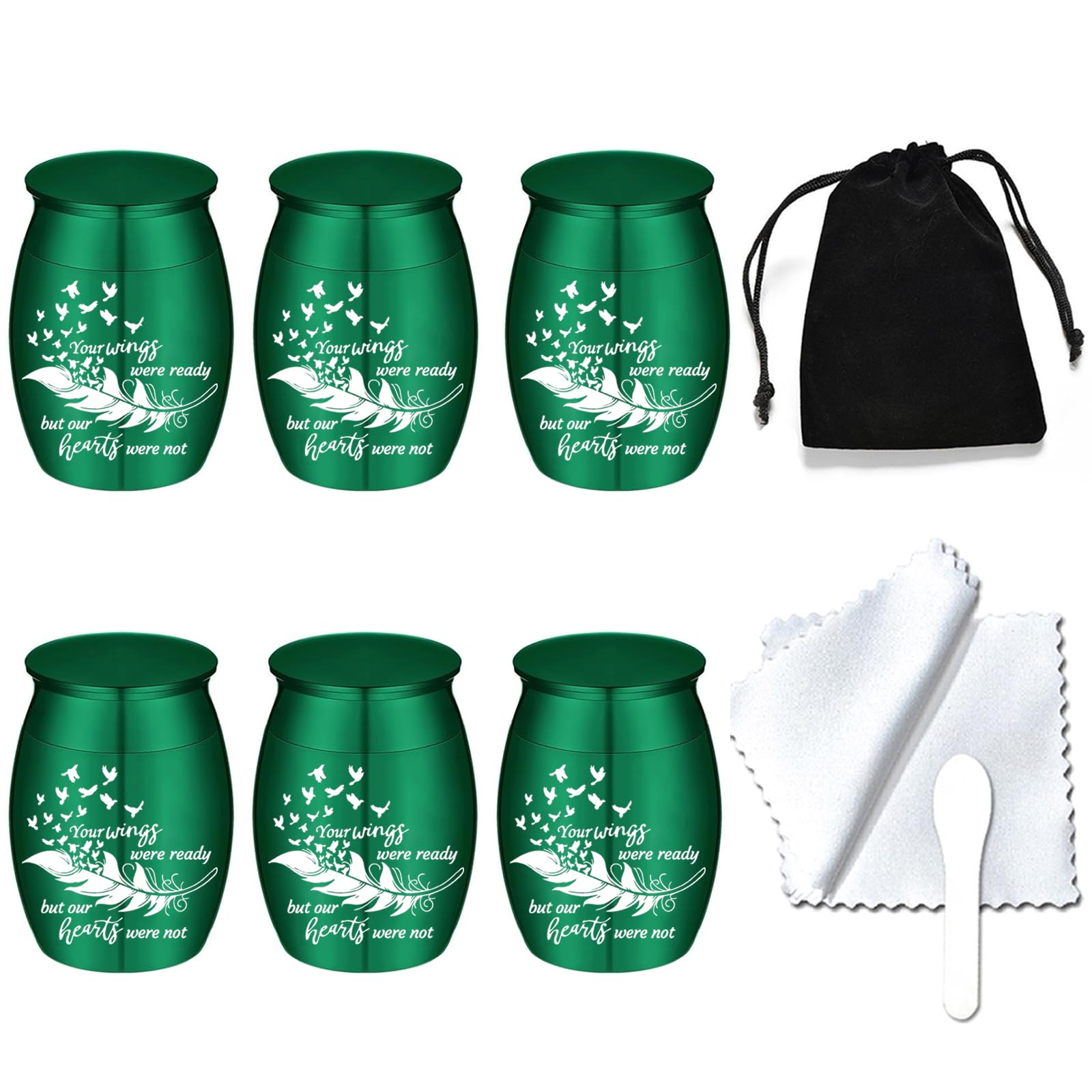 Small Keepsake Urns for Human Ashes - Set of 6 - Share Urn with Family & Friends Mini Cremation Urns with Feather Seagull Pattern Stainless Steel Memorial Ashes Holder (6Pcs Green Urn) — image 1