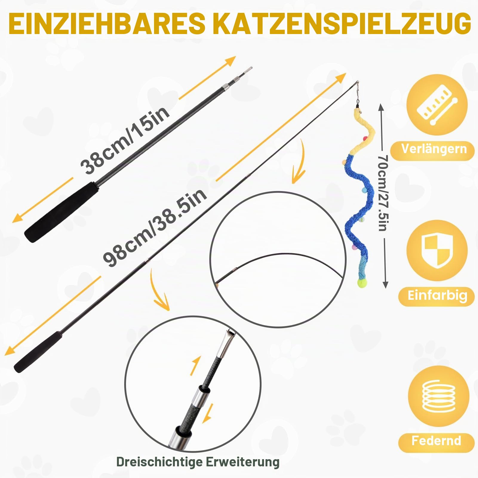 Katzenangel Lang 9tlg, Katzenspielzeug Angel mit 7 Plüschbälle Band Bunt für Katzen und 2 Katzenangel Stabile 98cm Teleskopisch, Cat Toys für Kitten und Katzen, 7tlg&2stange