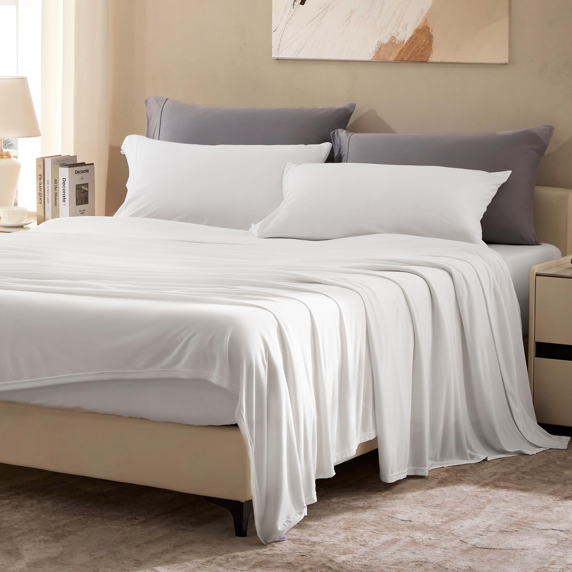 SLEEP ZONE Twin Sheets Set - 3 Piece Bedding - Jersey Knit Cooling Sheet Set - Soft and Fade Resistant - Easy Care - Deep Pocket (Twin,White)