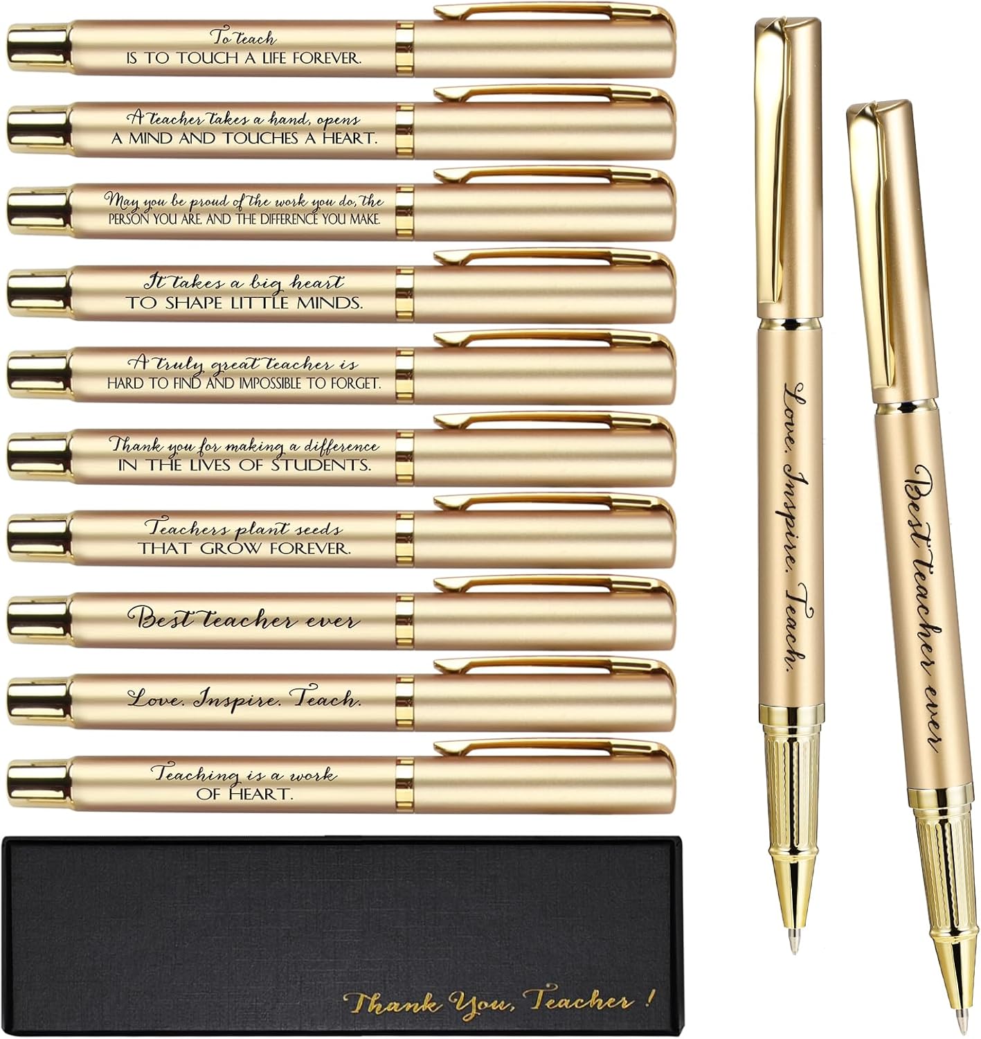 Seajan 20 Set Teacher Appreciation Gifts Pens with Thank You Boxes Inspirational Teacher Thank You Gifts Black Ink Ballpoint Pens Motivational Quote Valentine Appreciation Office Supplies(Gold)