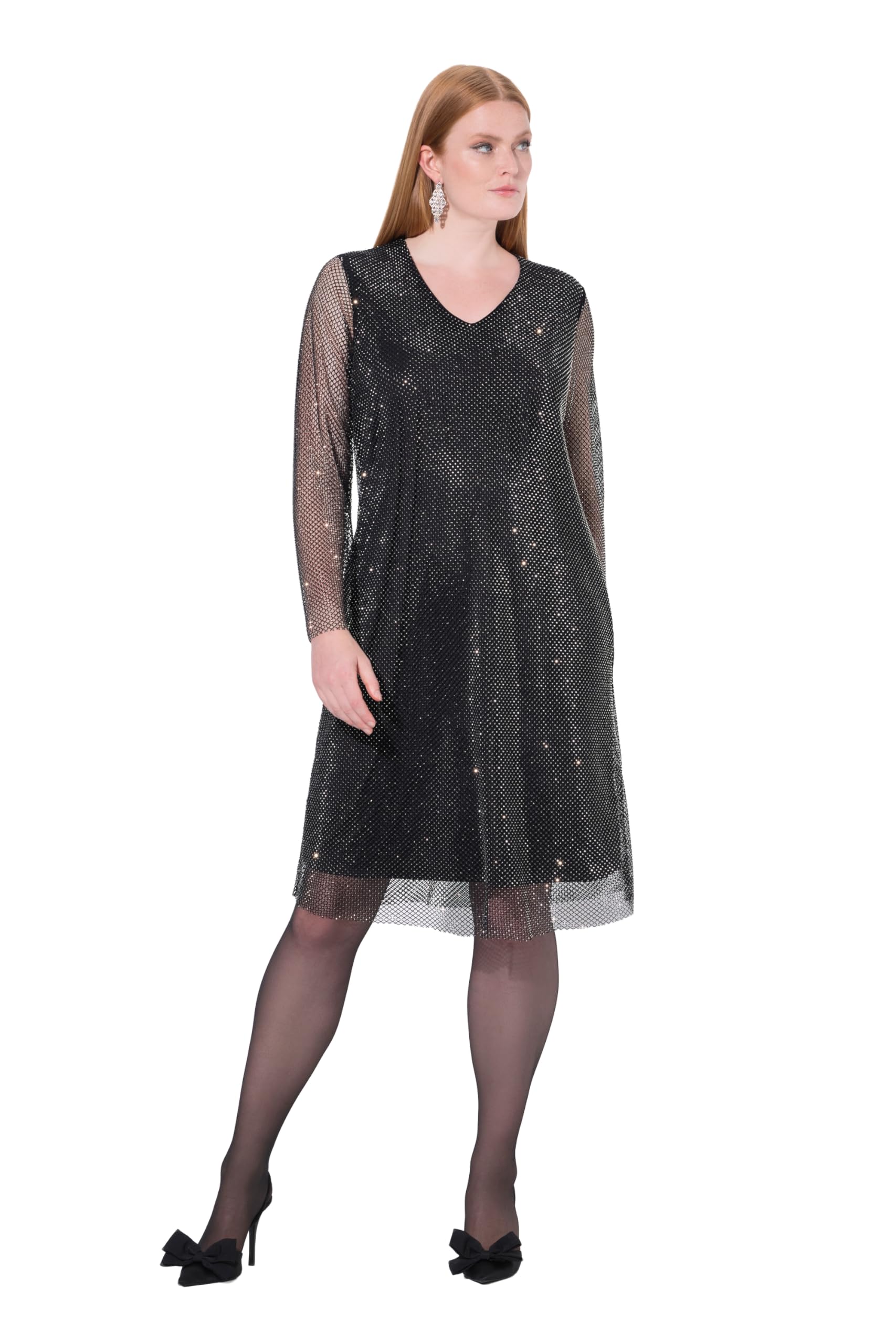 Ulla Popken Damen große Größen Übergrößen Plus Size Midikleid, Pailletten, A-Linie, V-Ausschnitt, Langarm 843232