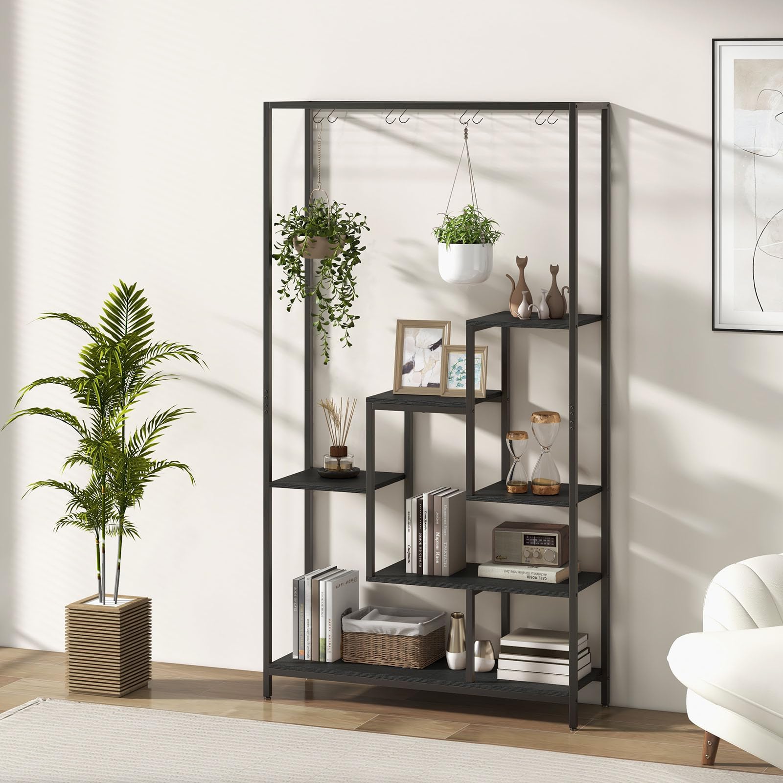 HOMASIS Pflanzenregal groß, Blumenregal mit 6 Etagen, Pflanzenständer mit 10 Haken & Gitter, Blumenständer aus Metall, Blumentreppen Mehrzweckregal für Wohnzimmer, Balkon, 100x30x180cm (Schwarz)