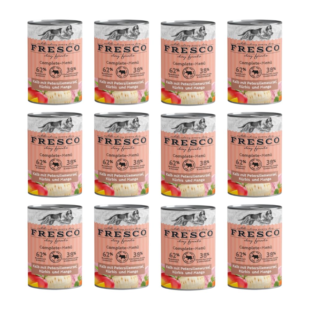 Fresco Complete-Menü Kalb mit Petersilienwurzel, Mango & Johannisbeere | 12er Pack | 12 x 400 g | Nassbarf für Hunde | Wichtige Proteine & Eiweiß | Aus reinem Muskelfleisch