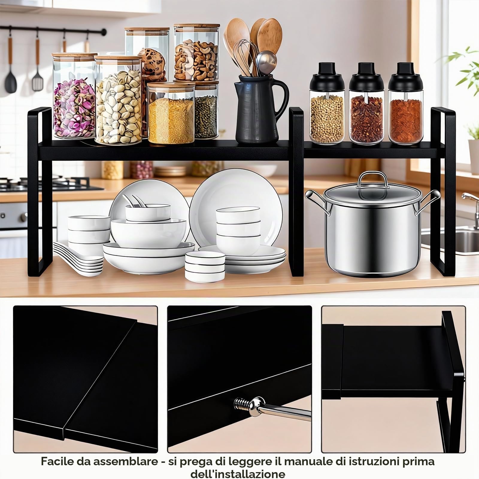 PORFOYO Mensola espandibile per armadio da cucina, organizer da 35 – 65 cm, regolabile, per scaffali, portaspezie, impilabile, per la casa, la cucina, (lunghezza x larghezza x altezza): 35 – 65 cm
