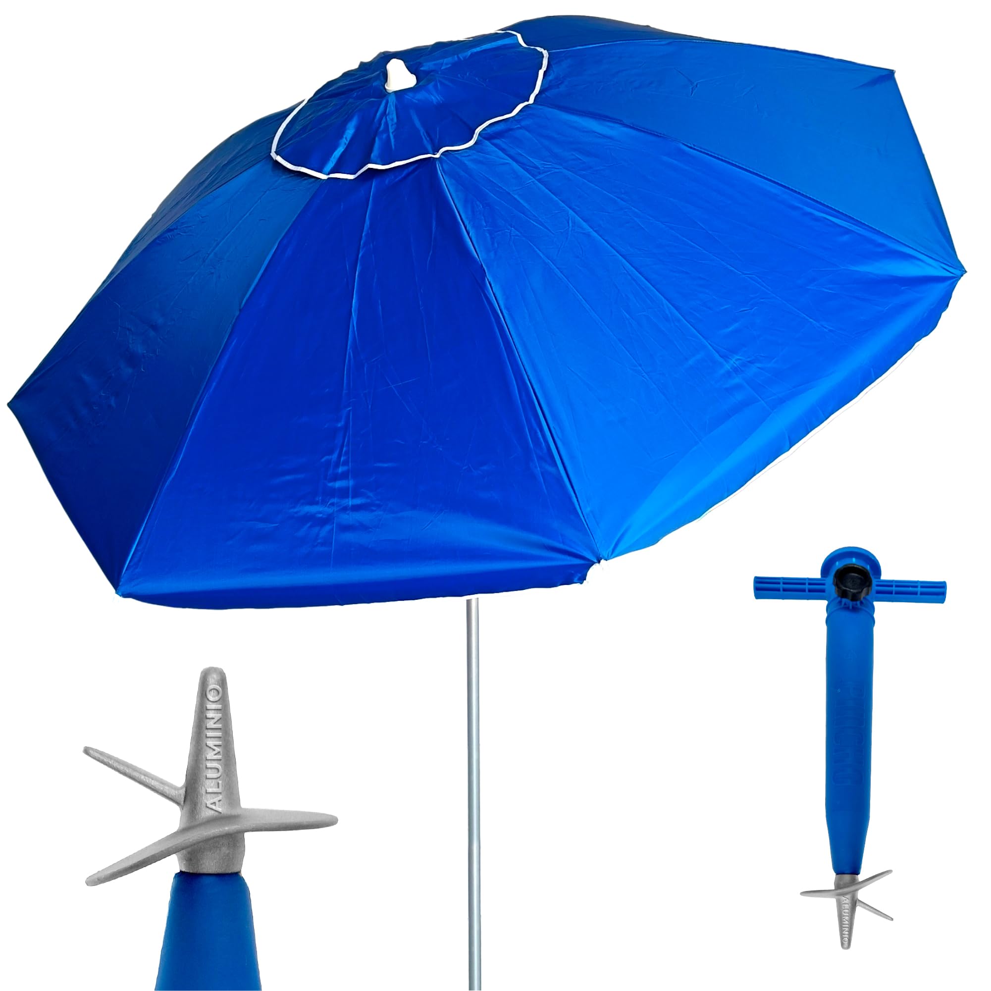 Pincho Sombrilla Playa Grande Ø200 cm, antiviento, protección UV 50, Materiales de Calidad, Tubo de Aluminio, Varillas de Fibra de Vidrio, Palo reclinable, Incluye pincho con Punta de ALU (Azul)