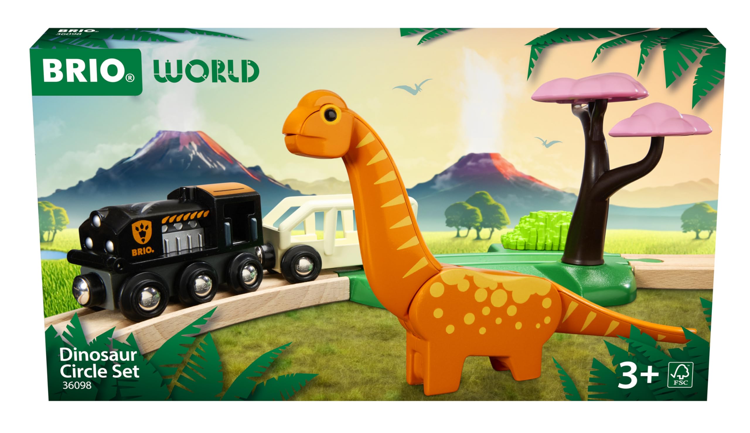 BRIO World - 36098 - Circuit Dinosaure - Coffret Complet 12 pièces - Action de Jeu sans Pile - Dinosaure Inclus - Circuit de Train en Bois - Jouet Mixte à partir de 3 Ans