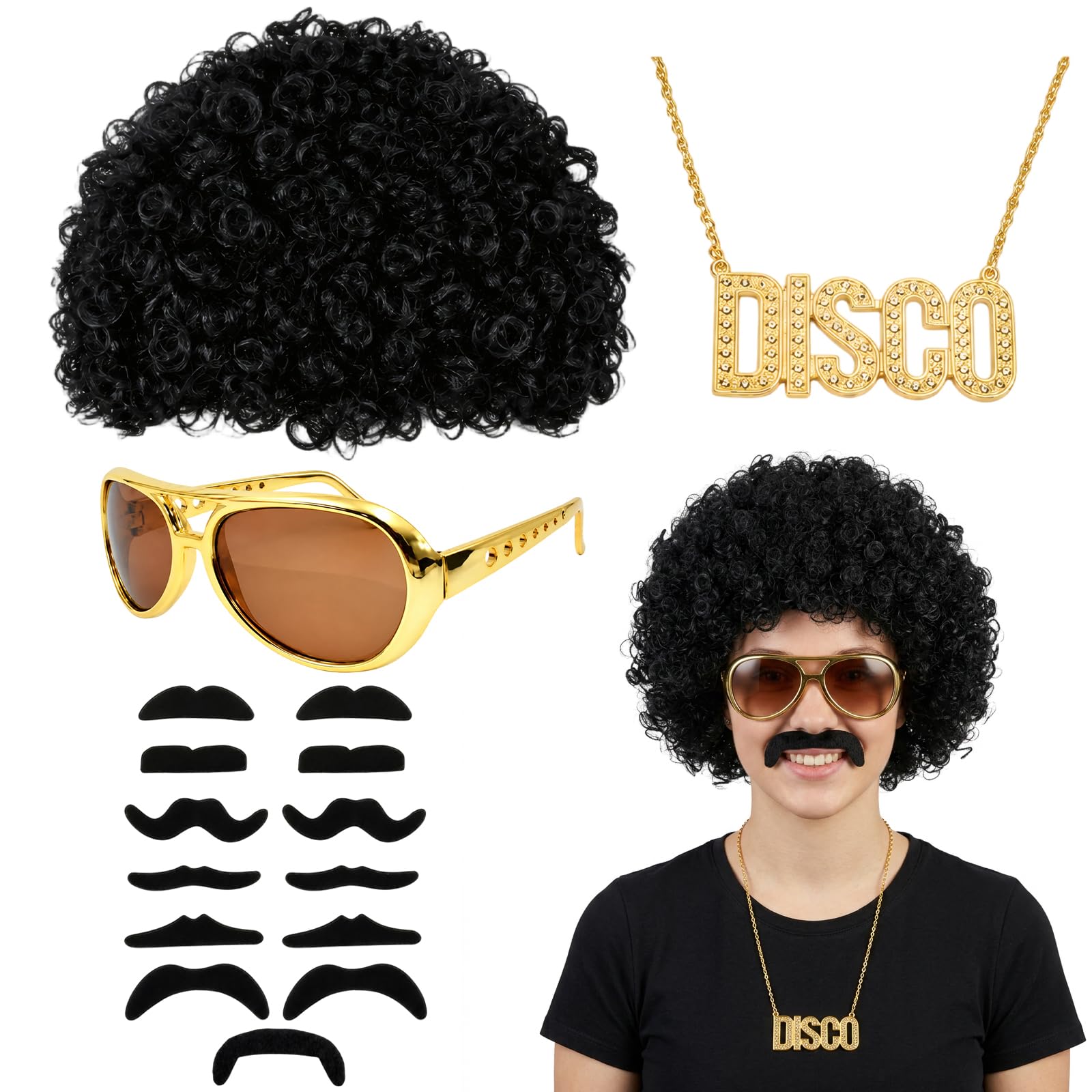 XazNvc 16-Piece Mens Disco Accessories Set - 80s Fancy Dress Men Outfit with Afro Wig, Sunglasses, Necklace and 13 Fake Mustaches, 70s 80s Costumes, Retro Party Costume Set
