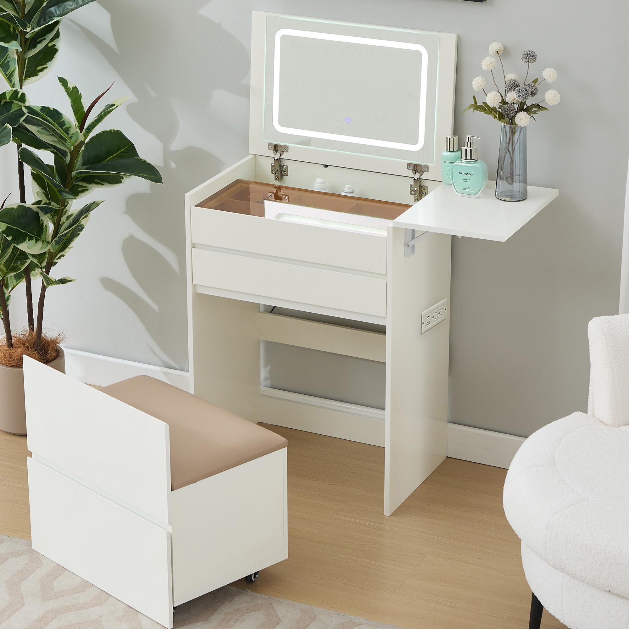 3 in 1 Vanity Desk, Compact Makeup Desk Flip-up Lighted Mirror Narrow Vanity Power Outlet Nightstand with Drawers for Small Space Bedroom, White