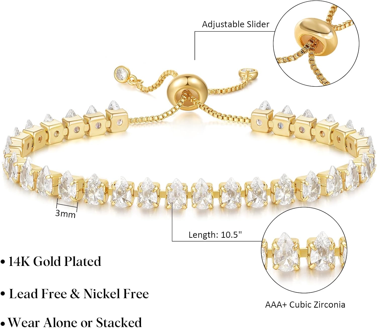 KissYan Tennis Bracelet for Women, 14K Gold Plated Cubic Zirconia Adjustable Slider Bracelets Trendy Jewelry Gift - Image 5