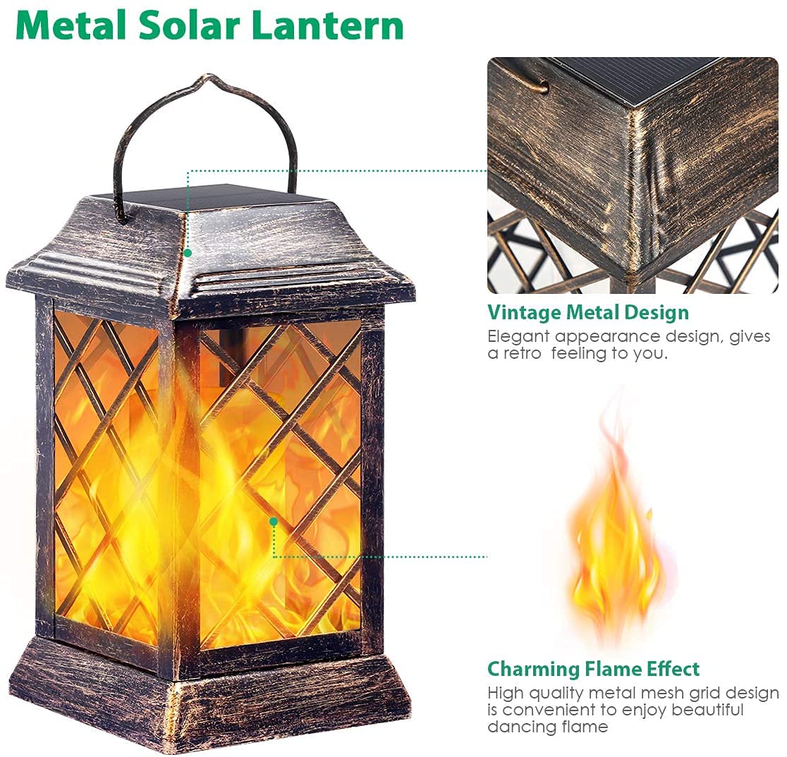 Solarbaby Solar Garten Lichter, Outdoor Laterne Flamme Solar Lichter Metall Hängende Laterne Outdoor wasserdichte Landschaft Beleuchtung für Party, Hof, Gartendekoration (Pack von 2, Bronze)