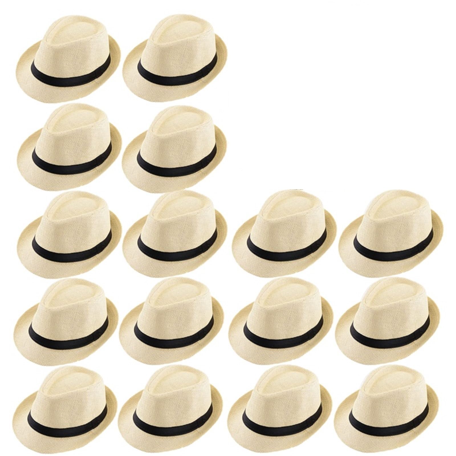 Chapeau de Paille Homme Lot de 10 à 90 Chapeaux Fedora en Paille for Hommes et Femmes, Chapeaux de fête de Mariage, Casquettes de Plage à Bord Court(Straw-XL-Beige,10 PCS)